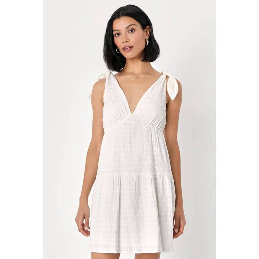 Lulus Daydream Aura White Embroidered Tie-strap Babydoll Mini Dress - Size XS
